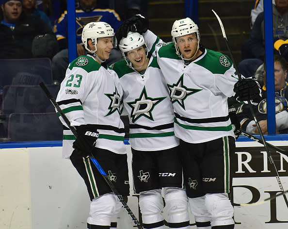 ST. LOUIS, MO - JANUARY 07: Dallas Stars defenseman Esa Lindell (23), Dallas Stars defenseman John Klingberg (3), and Dallas Stars center Radek Faksa (12) celebrate after a goal in the second period during a NHL game between the Dallas Stars and the St. Louis Blues on January 07, 2017, at Scottrade Center in St. Louis, MO. The Blues beat the Stars, 4-3. (Photo by Keith Gillett/Icon Sportswire via Getty Images)