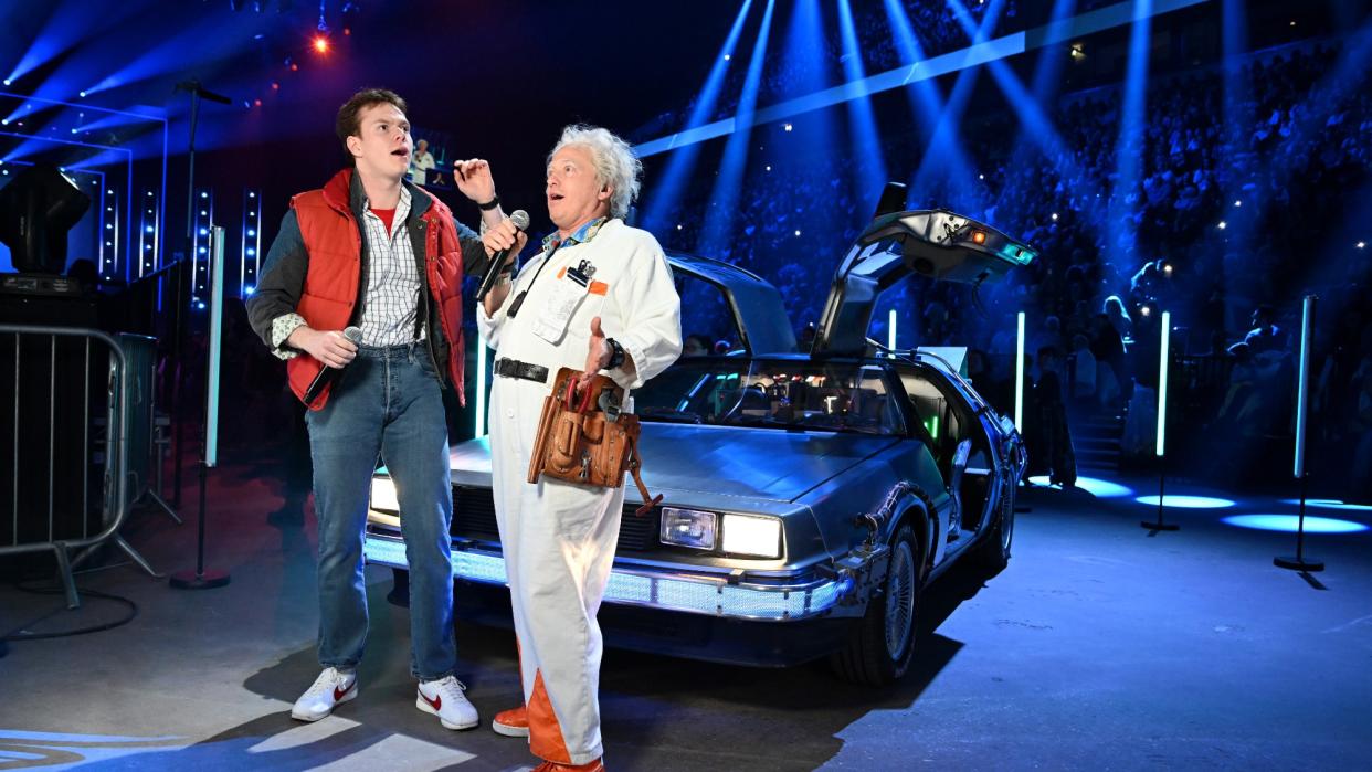  Ben Joyce and Cory English of 'Back to the Future' perform onstage at The National Lottery's Big Night of Musicals. 