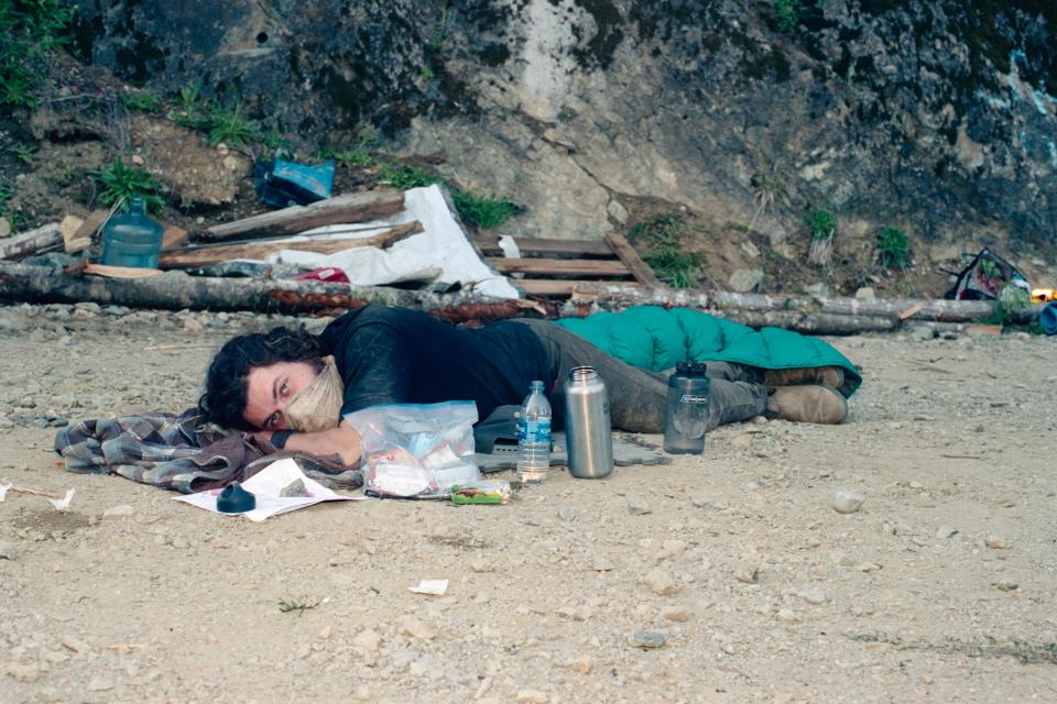 A blockader with their arm in a sleeping dragon, a homemade arm-locking device designed to make physical removal difficult during arrest. They were locked in for over seven hours while the RCMP extracted four of the six activists protecting Waterfall Camp on June 1.