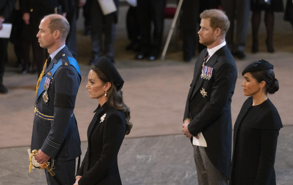 LONDON, ENGLAND – SEPTEMBER 14: Prince William, Prince of Wales, Catherine, Princess of Wales, Harry, Duke of Sussex and Meghan, Duchess of Sussex arrive as the coffin bearing the body of Her majesty Queen Elizabeth II completes its Journey from Buckingham Palace to Westminster Hall accompanied by King Charles III and other members of the Royal Family, on September 14, 2022 in London, England. (Photo Darren Fletcher – WPA Pool/Getty Images)