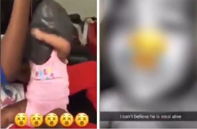 One of the Snapchat videos appear to show two people putting a plastic bag over a child's face. Source: Snapchat