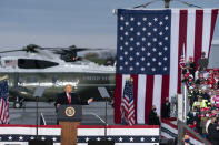 President Donald Trump speaks at a campaign rally at Altoona-Blair County Airport, Monday, Oct. 26, 2020, in Martinsburg, Pa. (AP Photo/Alex Brandon)