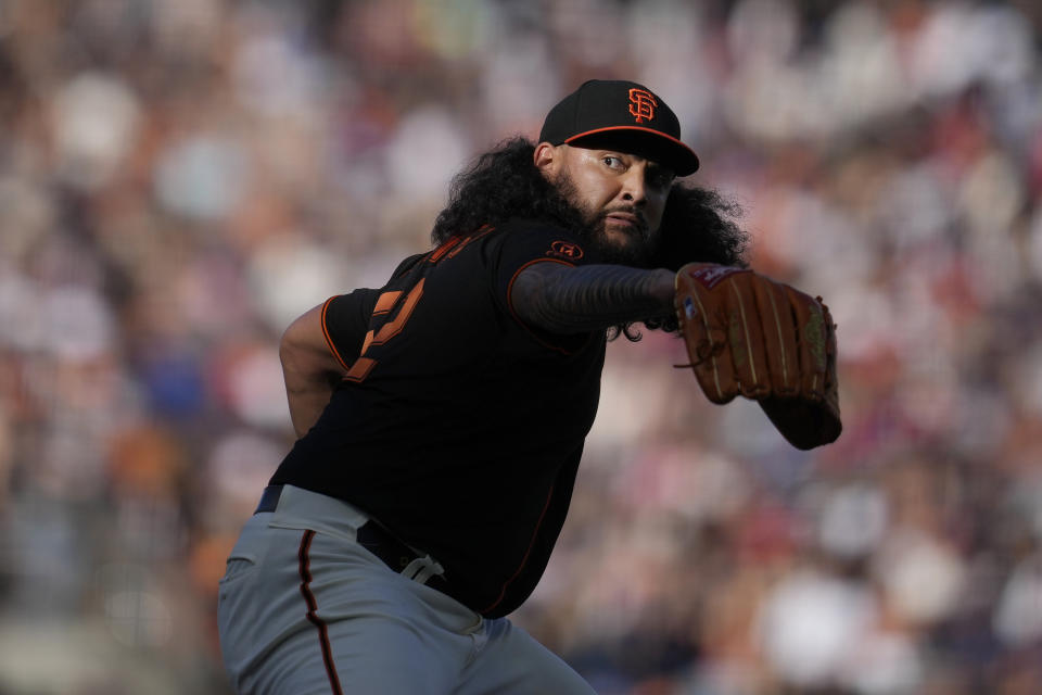 San Francisco Giants pitcher Sean Manaea works against the Boston Red Sox during the seventh inning of a baseball game in San Francisco, Saturday, July 29, 2023. (AP Photo/Jeff Chiu)