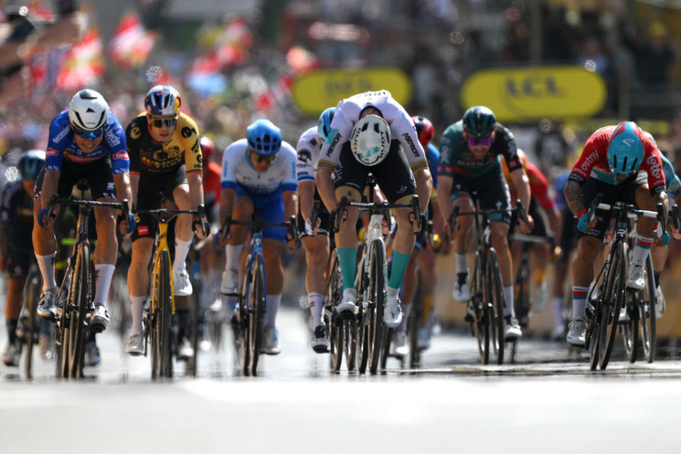 BAYONNE FRANCE  JULY 03 LR Jasper Philipsen of Belgium and Team AlpecinDeceuninck Wout Van Aert of Belgium and Team JumboVisma Phil Bauhaus of Germany and Team Bahrain Victorious and Caleb Ewan of Australia and Team Lotto Dstny sprint at finish line during the stage three of the 110th Tour de France 2023 a 1935km stage from AmorebietaEtxano to Bayonne  UCIWT  on July 03 2023 in Bayonne France Photo by David RamosGetty Images