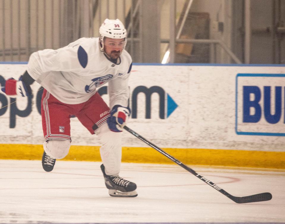 Sam Carrick skates during the first day of the New York Rangers training camp at their practice facility in Greenburgh, N.Y. Sept. 19, 2024.