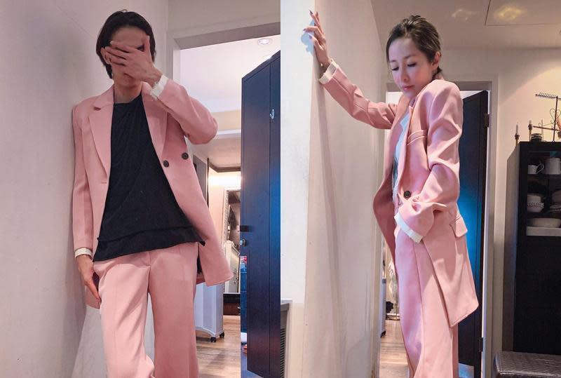 蕭亞軒與小她16歲的男友黃皓同穿粉紅色西裝，大方放閃。（翻攝自軒亞娛樂微博）