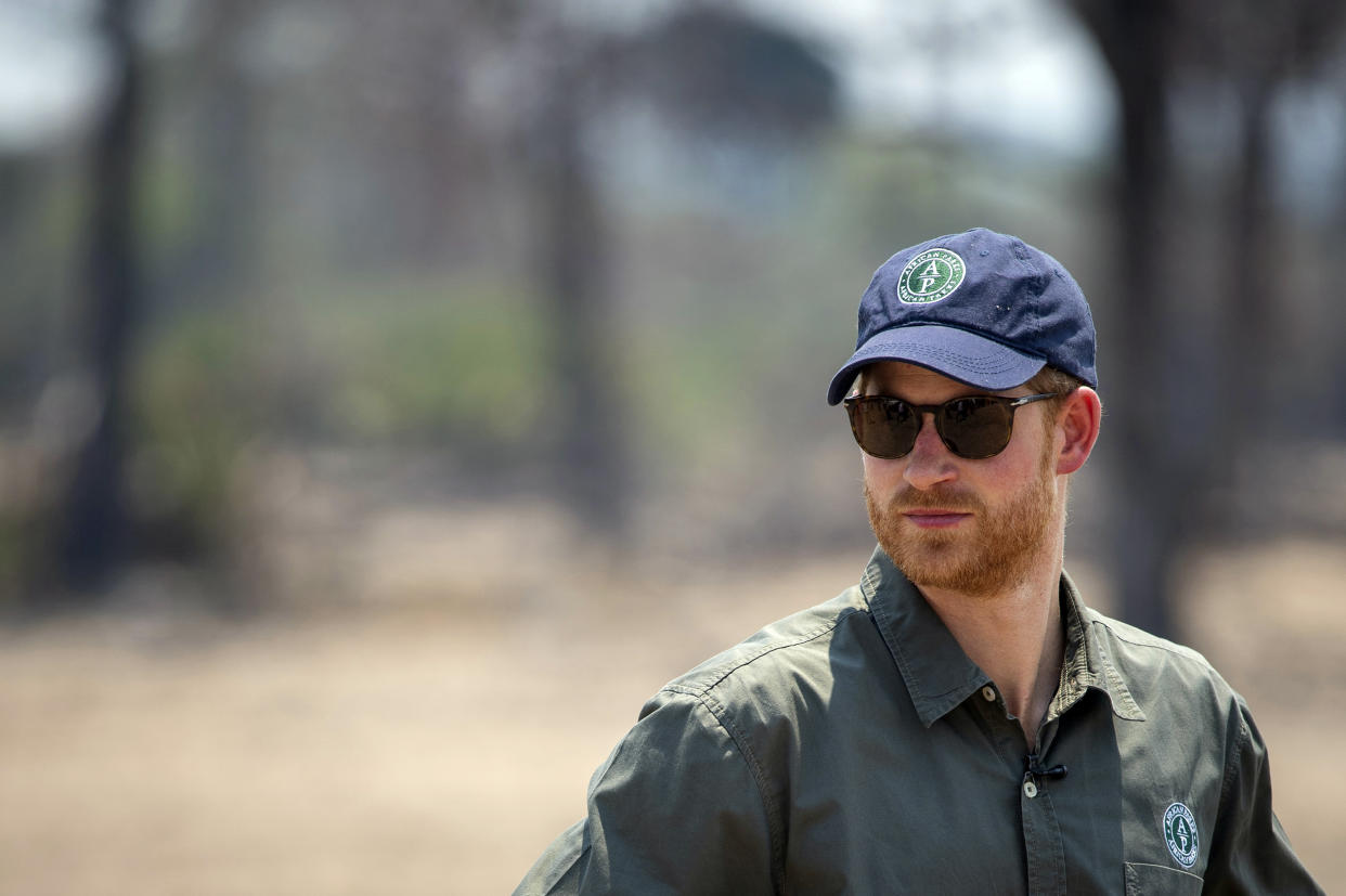 Britain's Prince Harry watches an anti-poaching demonstration exercise conducted jointly by local rangers and UK military deployed on Operation CORDED at the Liwonde National Park on day eight of the royal tour of Africa, in Liwonde, Malawi, Monday, Sept. 30, 2019. (Dominic Lipinski/Pool Photo via AP)