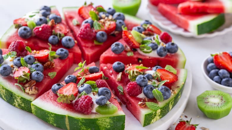 watermelon pizza topped with fruit