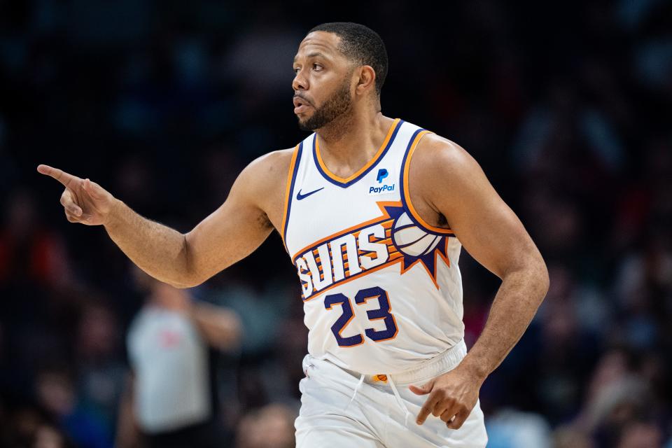 Eric Gordon #23 of the Phoenix Suns reacts in the first quarter during their game against the Charlotte Hornets at Spectrum Center on March 15, 2024 in Charlotte.