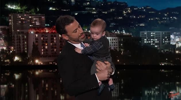 Jimmy Kimmel bought his son out during his opening monologue before making his tearful plea. Source: Jimmy Kimmel Live!