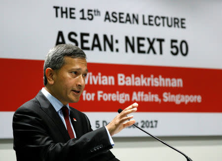 Singapore's Foreign Minister Vivian Balakrishnan speaks at the 15th ASEAN Lecture on "ASEAN: Next 50" at the ISEAS Yusof Ishak Institute in Singapore December 5, 2017. REUTERS/Edgar Su