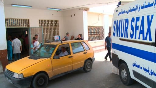 An AFPTV video screen grab shows the Habib Bourguiba University Hospital in Sfax, Tunisia, where victims of a migrant shipwreck were taken on June 3, 2018