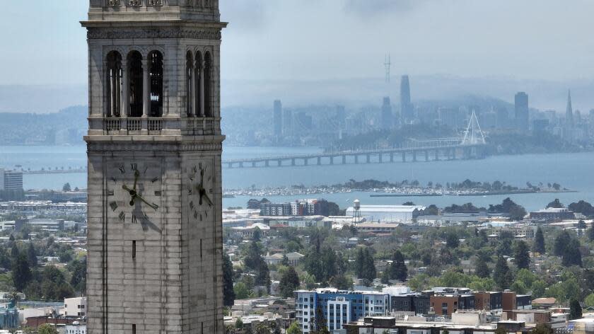 BERKELEY, CA - MAY 21, 2023 - A general aerial view of UC Berkeley and Sather Tower on Sunday, May 21, 2023. (Josh Edelson/for the Times)