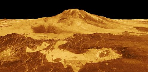 <span class="caption">A perspective view across Maat Mons on Venus, based on Magellan radar data</span> <span class="attribution"><a class="link " href="https://www.jpl.nasa.gov/images/pia00106-venus-3-d-perspective-view-of-maat-mons" rel="nofollow noopener" target="_blank" data-ylk="slk:Nasa/JPL;elm:context_link;itc:0;sec:content-canvas">Nasa/JPL</a></span>