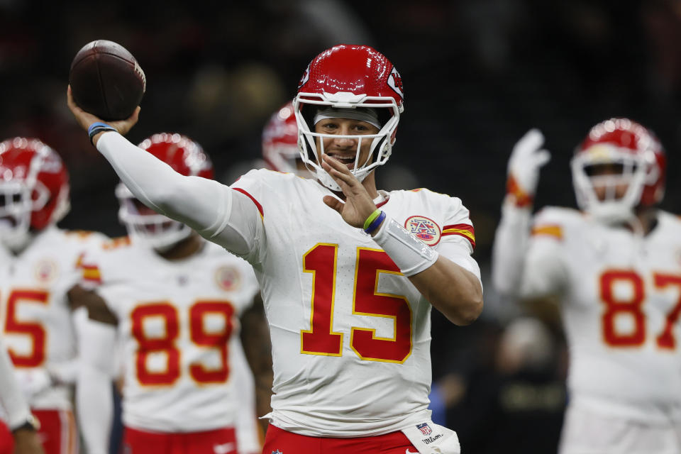 Patrick Mahomes (15) and the Chiefs open up their title defense against the Lions in Week 1. (AP Photo/Butch Dill)
