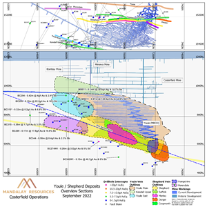 Longitudinal and inclined plan section of Shepherd system showing the outlines of known shepherd veining and results from the extension drilling programs. The location of the Youle East program is also shown. Results of grade above 1.5g/t AuEq when diluted to 1.8 m are also annotated with estimated true width and grade.