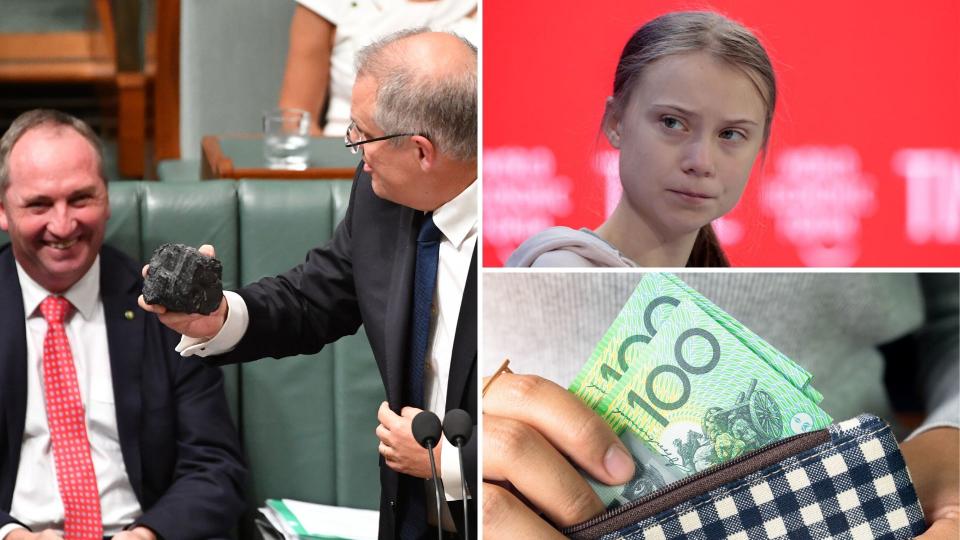 Australian prime minister Scott Morrison holding a lump of coal in parliament, climate activist Great Thunberg and a hand holding one hundred dollar notes.