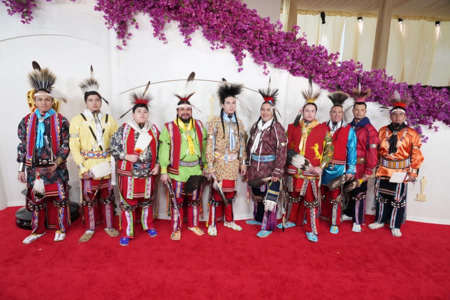 HOLLYWOOD, CALIFORNIA – MARCH 10: Osage Nation singers and dancers attend the 96th Annual Academy Awards on March 10, 2024 in Hollywood, California. (Photo by Jeff Kravitz/FilmMagic)