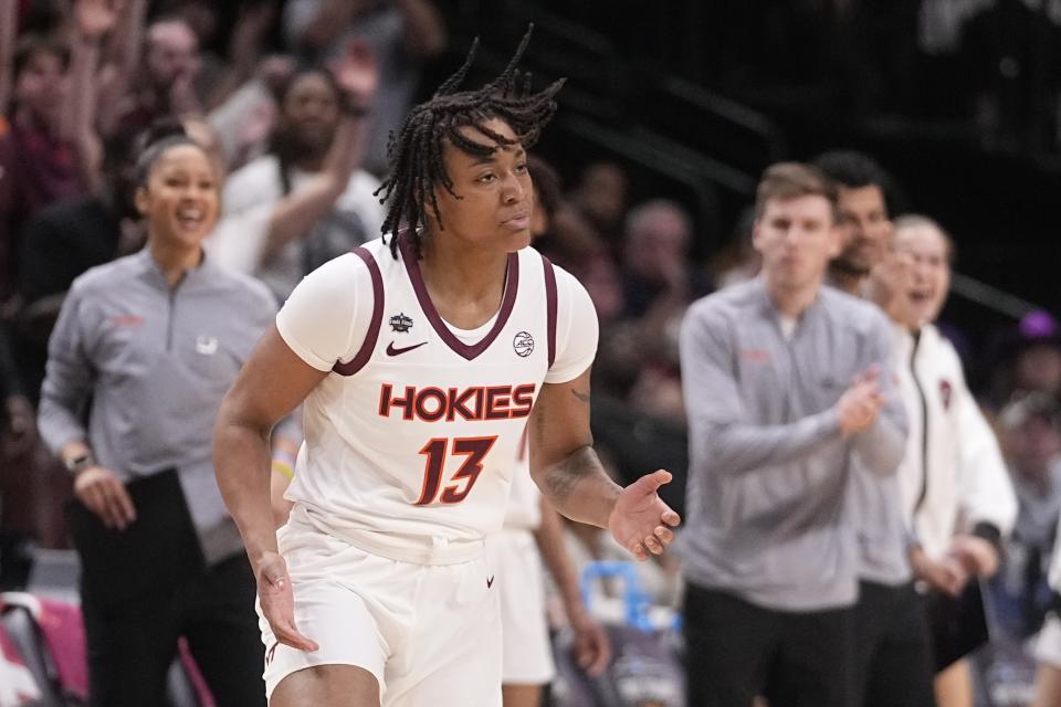 Virginia Tech's Taylor Soule reacts during the second half of an NCAA Women's Final Four semifinals basketball game against LSUFriday, March 31, 2023, in Dallas. (AP Photo/Darron Cummings)