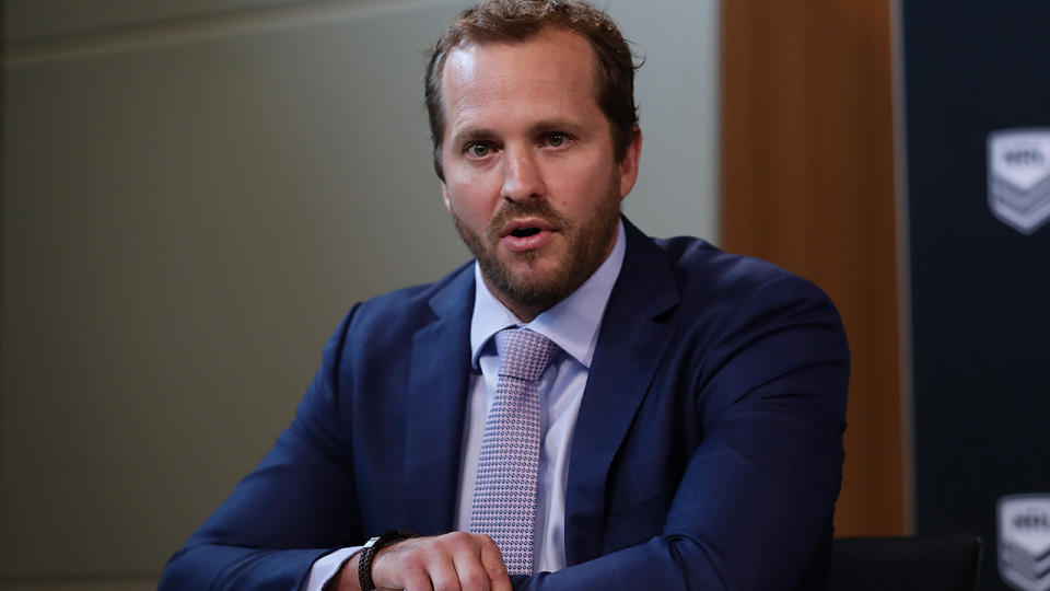 Clint Newton, pictured here speaking to the media during a NRL press conference in Sydney.