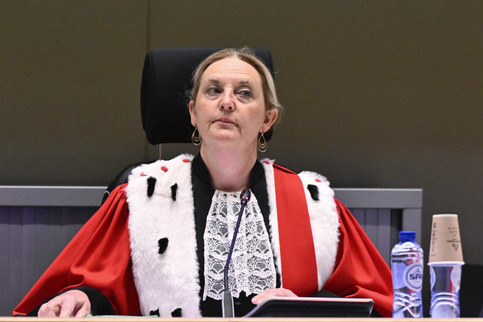 Judge Laurence Massart attends the courtroom prior to the reading of the sentences during the trial regarding the attacks at a Brussels metro station and the city's airport at the Justitia building in Brussels, Friday, Sept. 15, 2023. The morning rush hour attacks at Belgium's main airport and on the central commuter line took place on March 22, 2016, which killed 32 people, and nearly 900 others were wounded or suffered mental trauma. (John Thys, Pool Photo via AP)