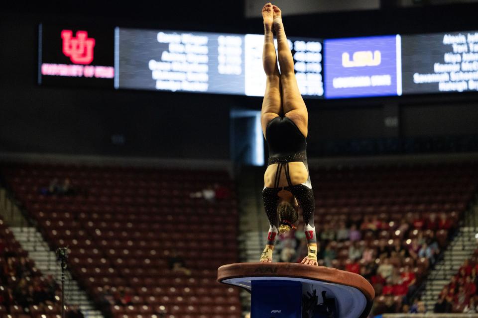 Utah Utes Makenna Smith competes on vault during the Sprouts Farmers Market Collegiate Quads at Maverik Center in West Valley on Saturday, Jan. 13, 2024. #1 Oklahoma, #2 Utah, #5 LSU, and #12 UCLA competed in the meet. | Megan Nielsen, Deseret News