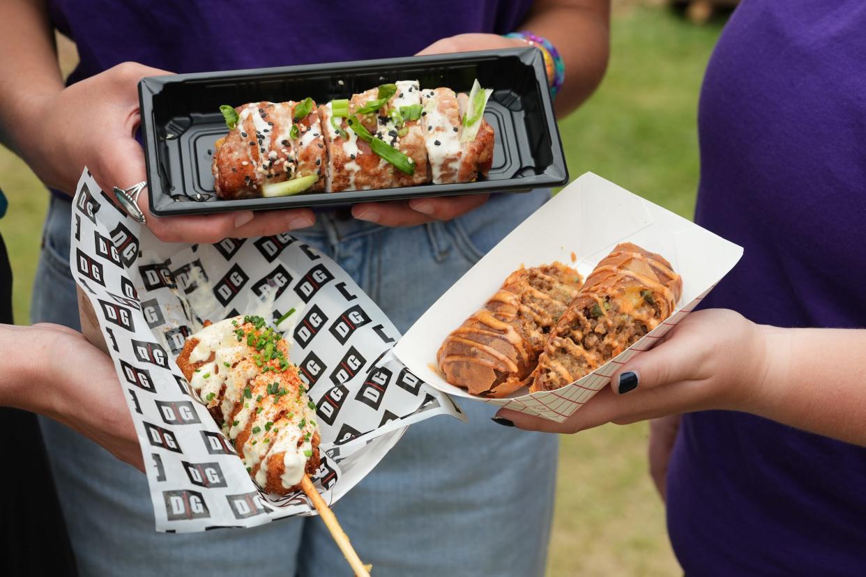 Clockwise from top: The Iowa Sm'Oak'ed Roll from Whatcha Smokin' BBQ, bacon cheeseburger egg roll from Winn & Sara's Kitchen, and the the lobster corn dog from Destination Grille.