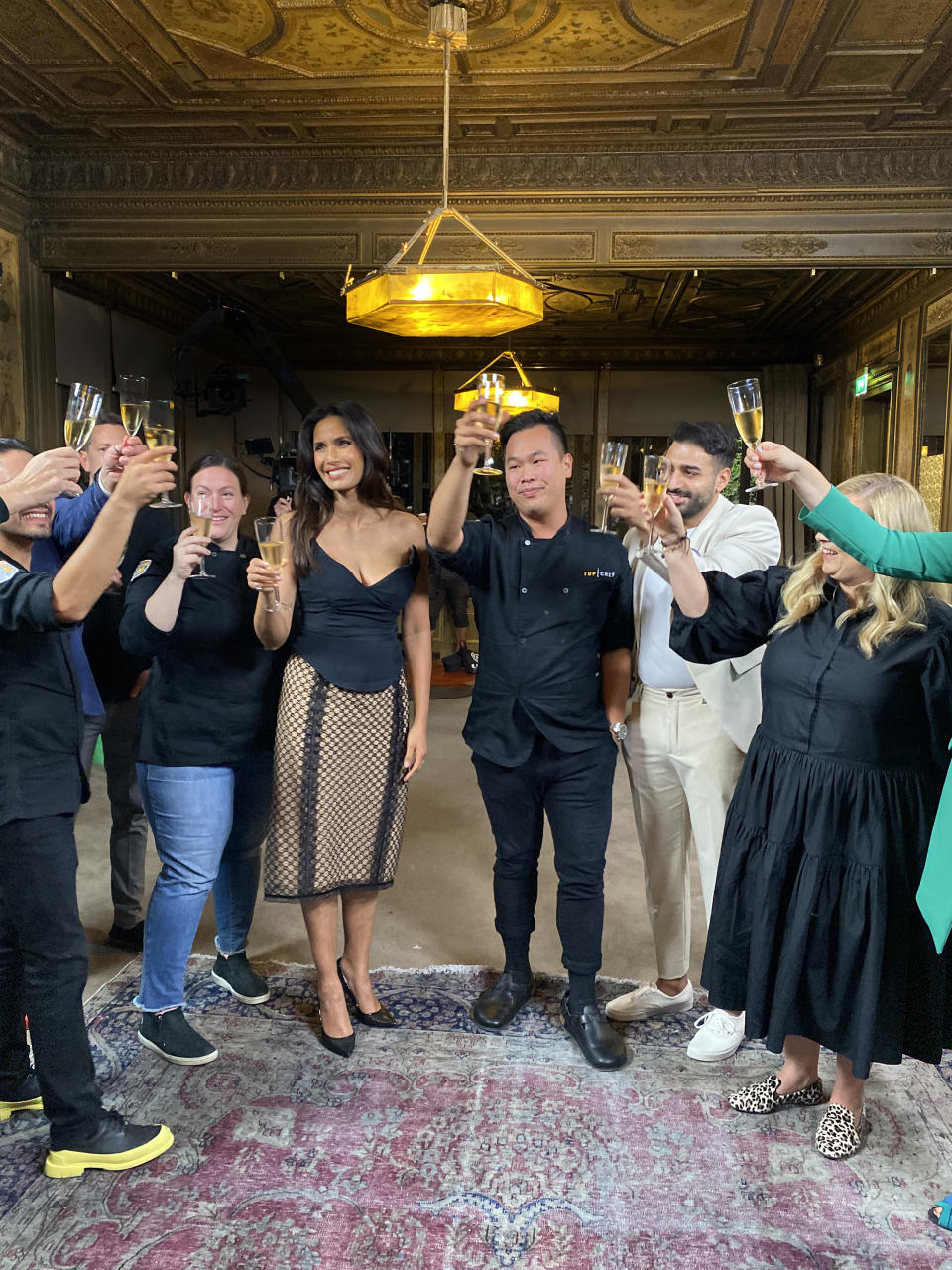 TOP CHEF — “Fin” Episode 2014 — Pictured: (l-r) Sara Bradley, Padma Lakshmi, Ali Al Ghzawi, Hélène Darroze — (Photo by: Nick Foye/Bravo)