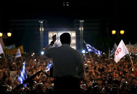 Greek Prime Minister Alexis Tsipras delivers a speech at an anti-austerity rally in Syntagma Square in Athens, Greece, in this July 3, 2015 file photo. EUROZONE-GREECE/TSIPRAS REUTERS/Yannis Behrakis/Files