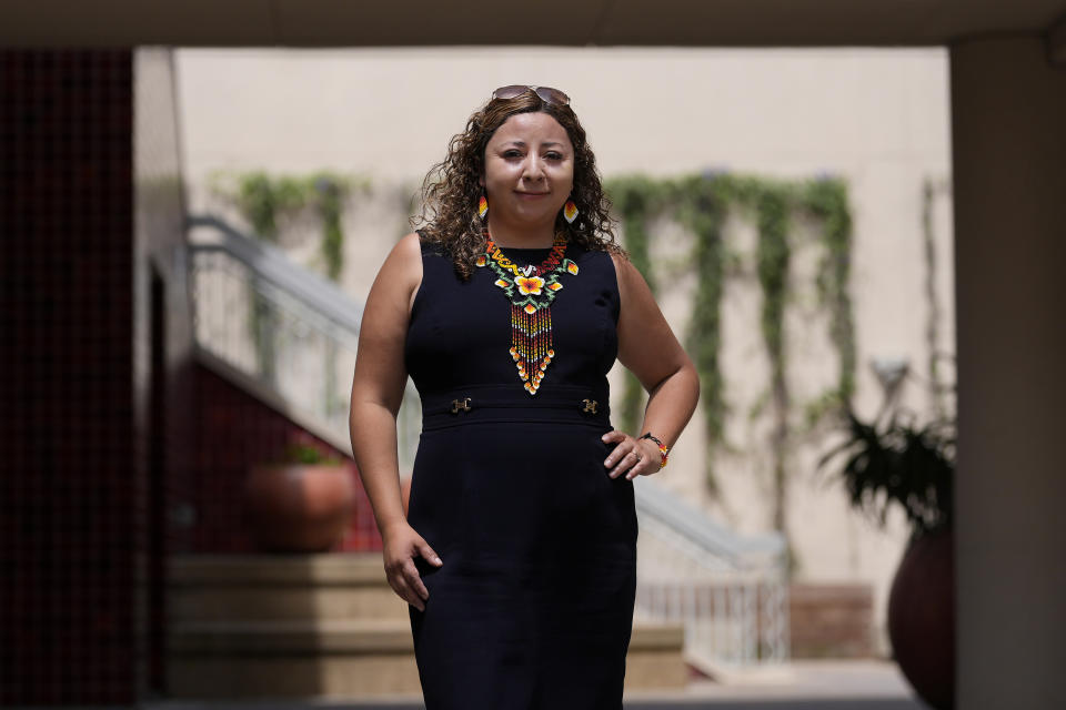 Melissa Camacho poses for photos at the City College of San Francisco's Mission Center in San Francisco, Thursday, Aug. 8, 2024. (AP Photo/Jeff Chiu)