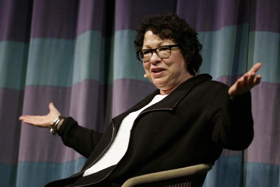 U.S. Supreme Court Justice Sonia Sotomayor gestures during a speech at the University of California at Berkeley on Thursday, March 9, 2017, in Berkeley, Calif. (AP Photo/Ben Margot)