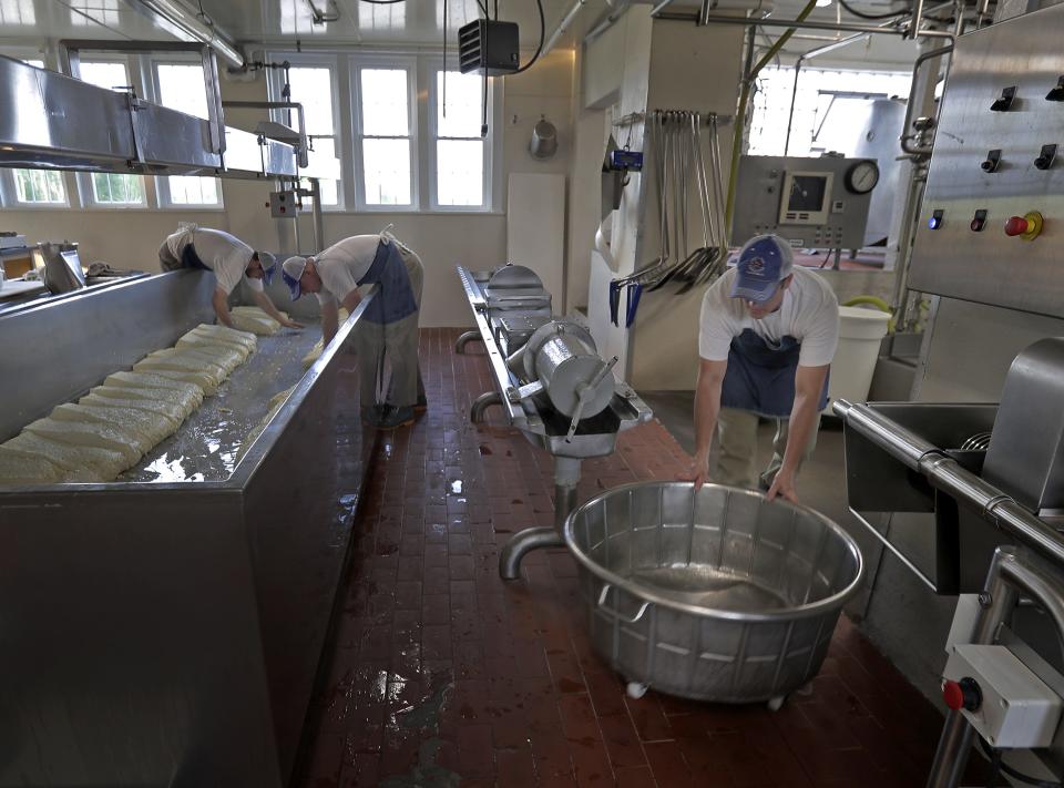 Jon Metzig, right, with employees Orin Freeman, left, and Fred Buhrow make string cheese May 23 at Union Star Cheese Factory in Zittau. The process involves cutting two massive mozzarella cheeses into shoebox-sized pieces, shown here, which eventually become string cheese.