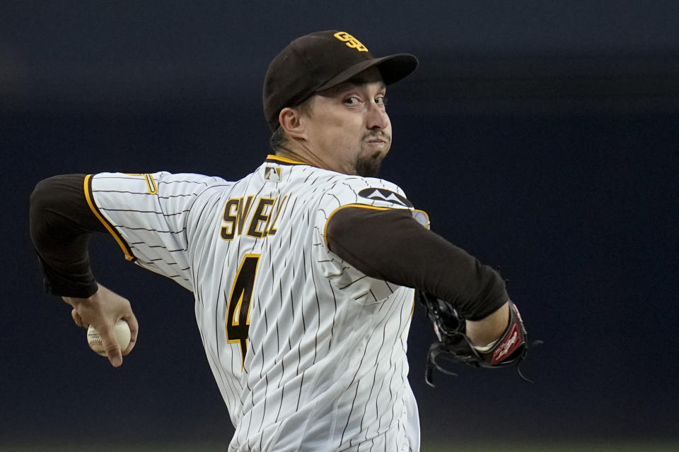 San Diego Padres starting pitcher Blake Snell works against a Colorado Rockies batter during the first inning of a baseball game Tuesday, Sept. 19, 2023, in San Diego. (AP Photo/Gregory Bull)