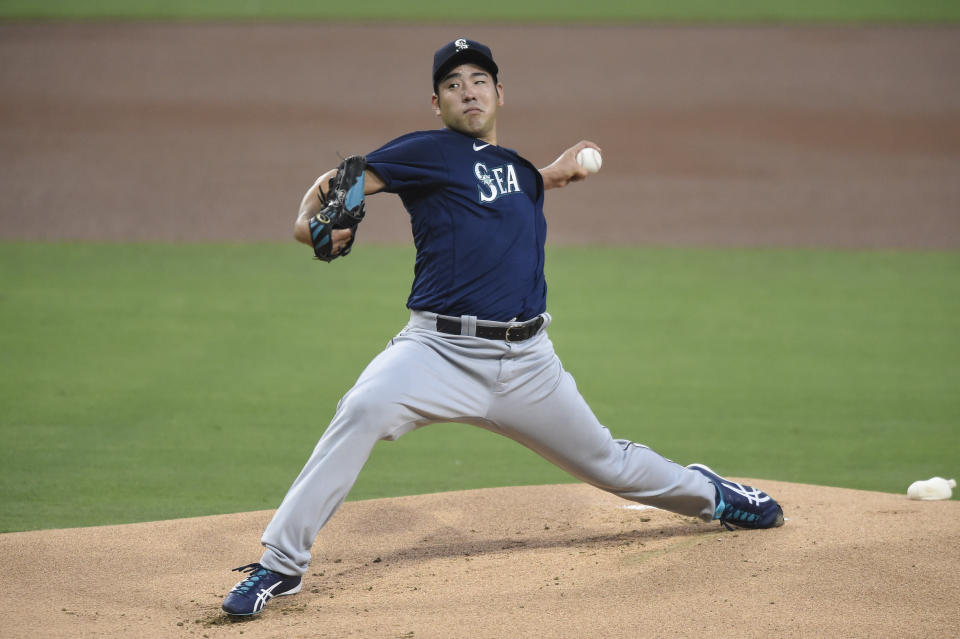 Seattle Mariners starting pitcher Yusei Kikuchi delivers during the first inning of a baseball game against the San Diego Padres, Friday, Sept. 18, 2020, in San Diego. (AP Photo/Denis Poroy)