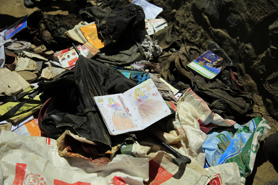 IMAGE: School supplies left behind after deadly bombings near a school in Kabul (Mariam Zuhaib / AP)