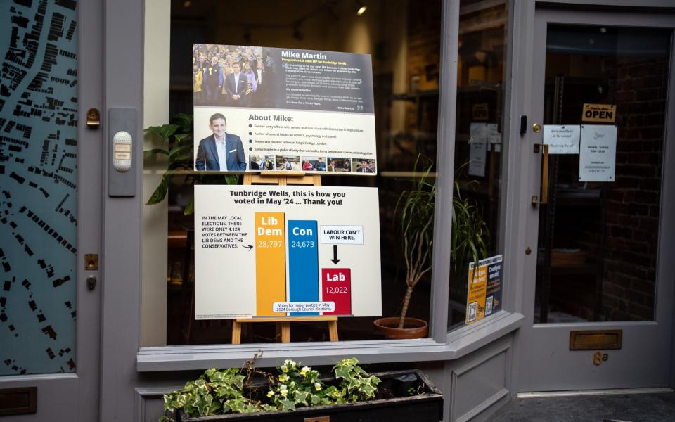 A campaign advert for Mike Martin, the Lib Dem candidate for Tunbridge Wells, is displayed in the party's office