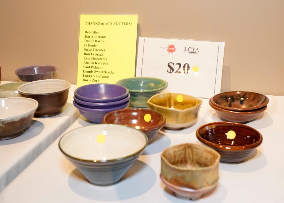 Handmade bowls, which were created by artists, staff and ceramics students at the Adrian Center for the Arts were available for purchase April, 20, 2022, at Farver’s at the Croswell, 129 E. Maumee St., as part of the Empty Bowls fundraiser. Bowl prices ranged from $15-$30.