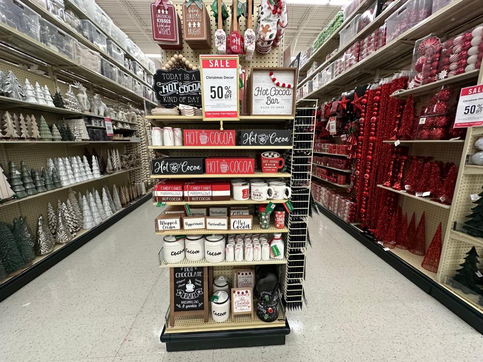 Hobby Lobby aisle with red decor and holiday designs