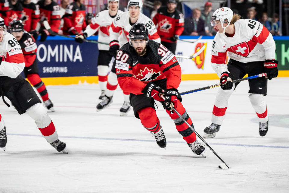 RIGA, LATVIA - MAY 20: Joe Veleno of Canada controll the pucket during the 2023 IIHF Ice Hockey World Championship Finland - Latvia game between Canada and Switzerland at Arena Riga on May 20, 2023 in Riga, Latvia. (Photo by Pasi Suokko/Apollo Photo/DeFodi Images via Getty Images)