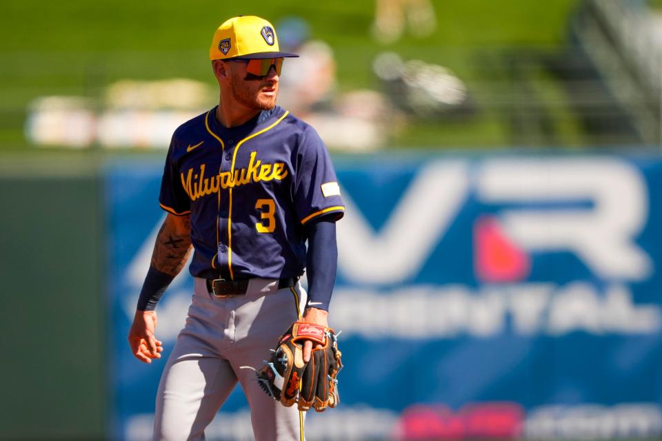 Milwaukee Brewers shortstop Joey Ortiz looks on during a spring training baseball game against the Texas Rangers, Thursday, Feb. 29, 2024, in Surprise, Ariz. (AP Photo/Lindsey Wasson)