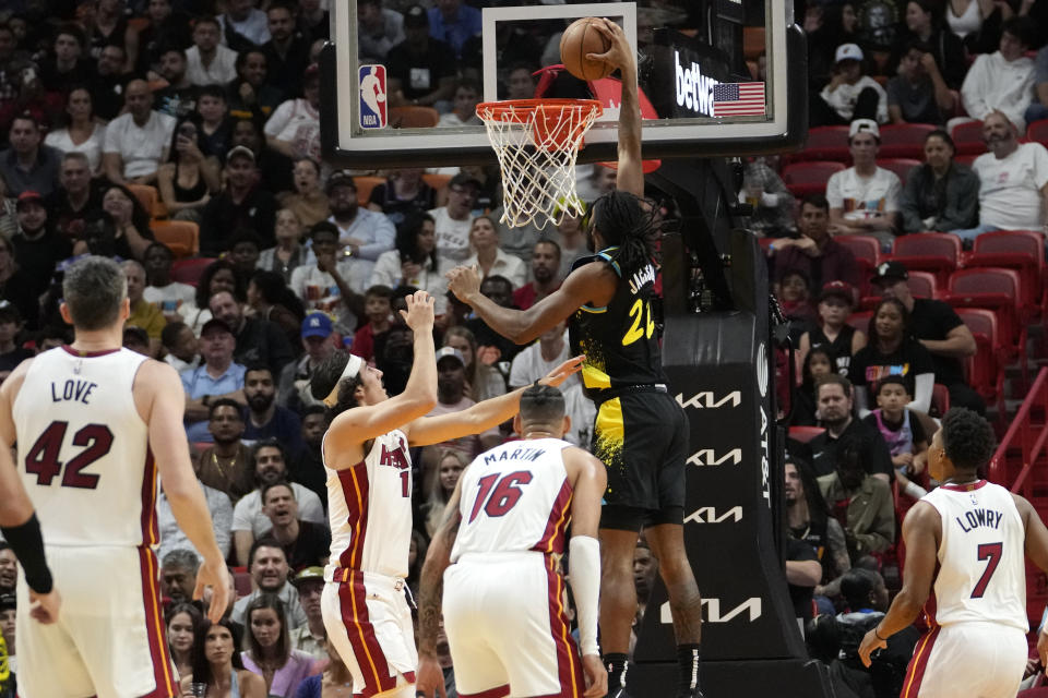 Indiana Pacers forward Isaiah Jackson dunks against the Miami Heat during the first half of an NBA basketball game Saturday, Dec. 2, 2023, in Miami. (AP Photo/Lynne Sladky)