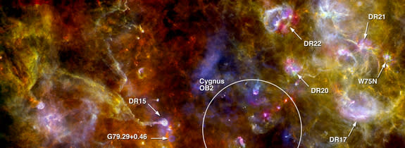 An annotated picture of the region Cygnus-X, highlighting numerous dense sites of new star formation in the right-hand complex, and the swan-like structure in the left-hand portion of the scene. The image was taken by the European Space Agency'