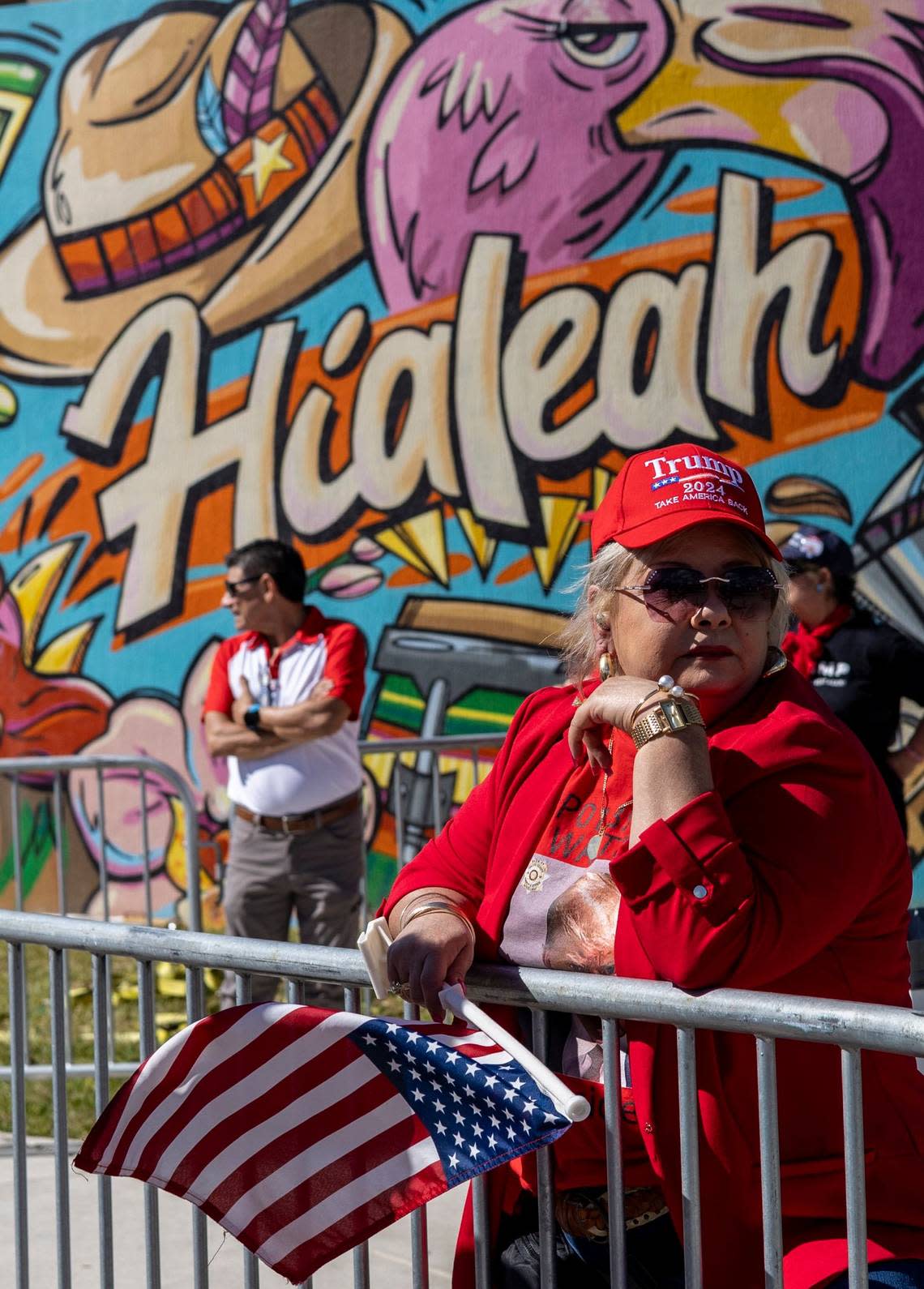 Marlen Alvarez, from Pembroke Pines, waits patiently under the hot sun to get into the Trump rally in Hialeah, on Wednesday, November 8, 2023. On the night of the RNC debate in Miami, former President Donald Trump will hold a rally in Hialeah.