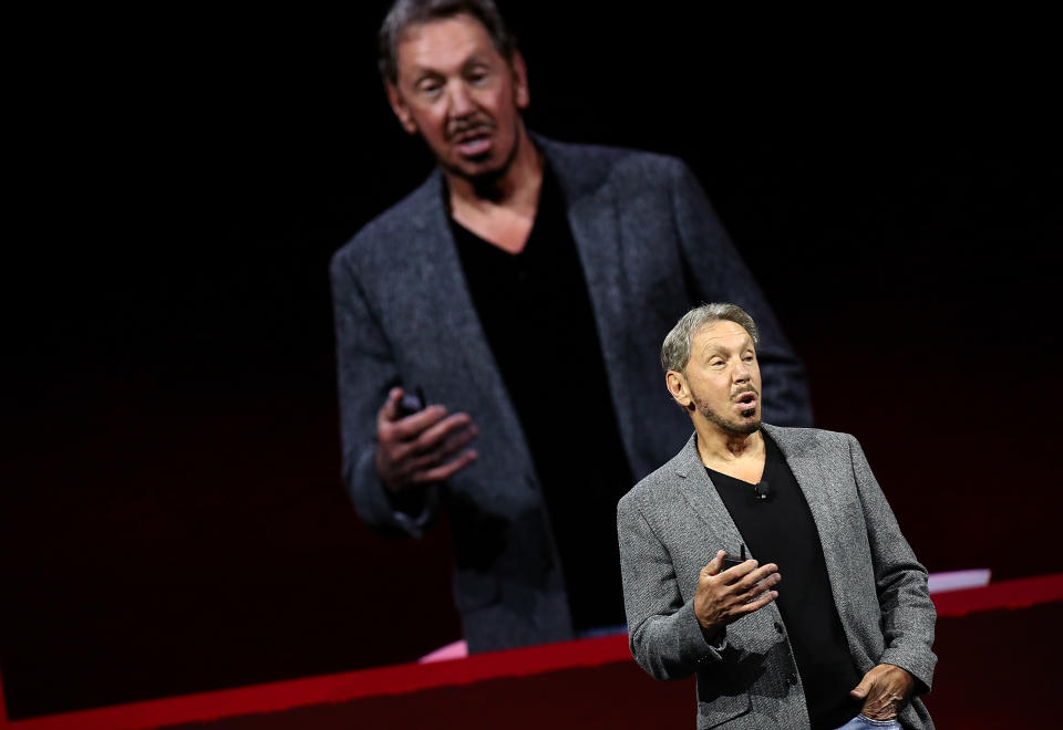 SAN FRANCISCO, CA - OCTOBER 22:  Oracle co-founder and Chairman Larry Ellison delivers a keynote address during the Oracle OpenWorld on October 22, 2018 in San Francisco, California. The Oracle co-founder and Chairman kicked off the annual Oracle OpenWorld conference that runs through October 25th.  (Photo by Justin Sullivan/Getty Images)