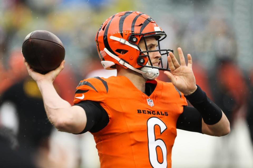 Cincinnati Bengals quarterback Jake Browning (6) warms up before the game against the Pittsburgh Steelers on Sunday at Paycor Stadium in Cincinnati, Ohio.