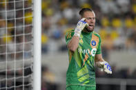 CF Montréal goalkeeper Jonathan Sirois gestures during the second half of the team's MLS soccer match against the Columbus Crew on Saturday, April 27, 2024, in Columbus, Ohio. (AP Photo/Jeff Dean)
