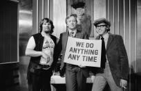 Comedians (L-R) Bill Oddie, Tim Brooke-Taylor and Graeme Garden in a sketch from episode 'Scotland' of the BBC television series 'The Goodies', July 2nd 1971. (Photo by Don Smith/Radio Times via Getty Images)