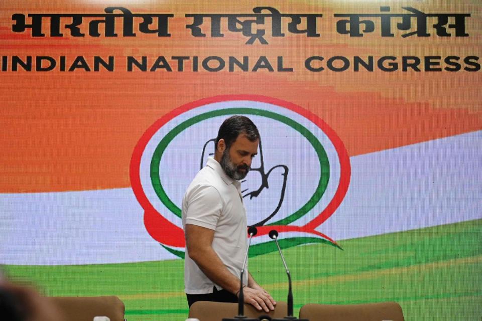 Rahul Gandhi arrives to address a press conference in New Delhi on 25 March after being disqualified as a member of parliament (AFP)