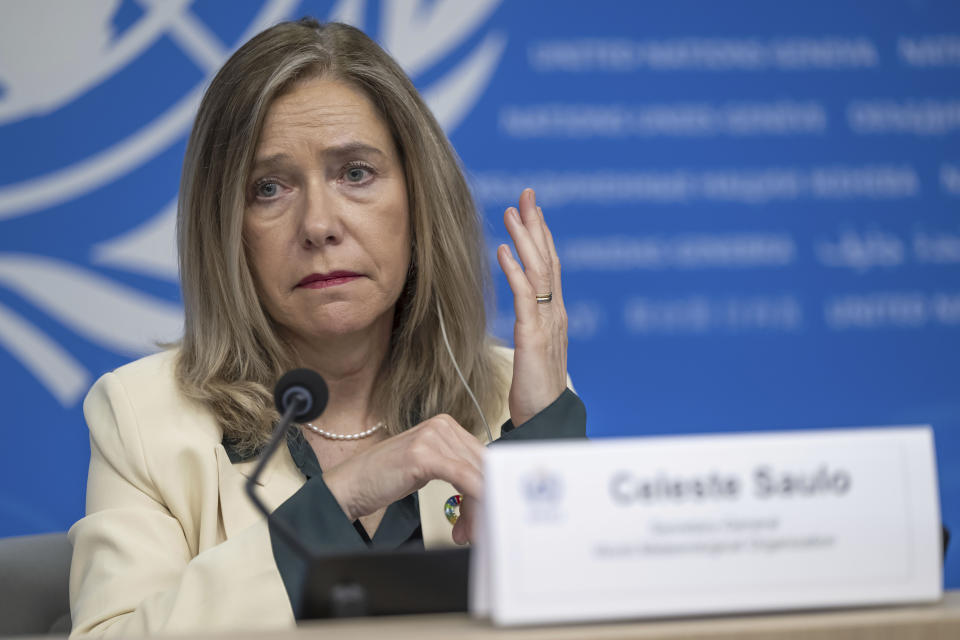 Celeste Saulo, World Meteorological Organization (WMO) Secretary-General, speaks about the state of Global Climate 2023, during a press conference at the European headquarters of the United Nations in Geneva, Switzerland, Tuesday, March 19, 2024. The U.N. weather agency is sounding a “red alert” about global warming, citing record-smashing increases last year in greenhouse gases, land and water temperatures and melting of glaciers and sea ice, and warning that the world's efforts to reverse the trend have been inadequate. (Martial Trezzini/Keystone via AP)