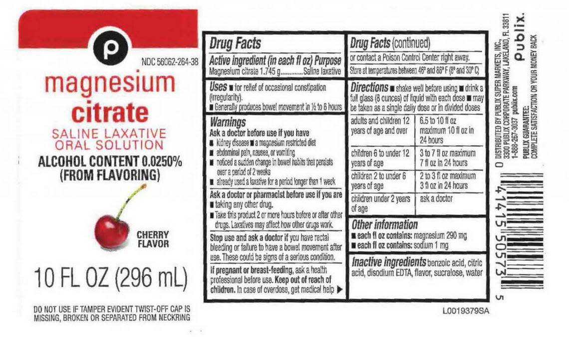 A deconstructed box of Publix Magnesium Citrate laxative, cherry flavor.